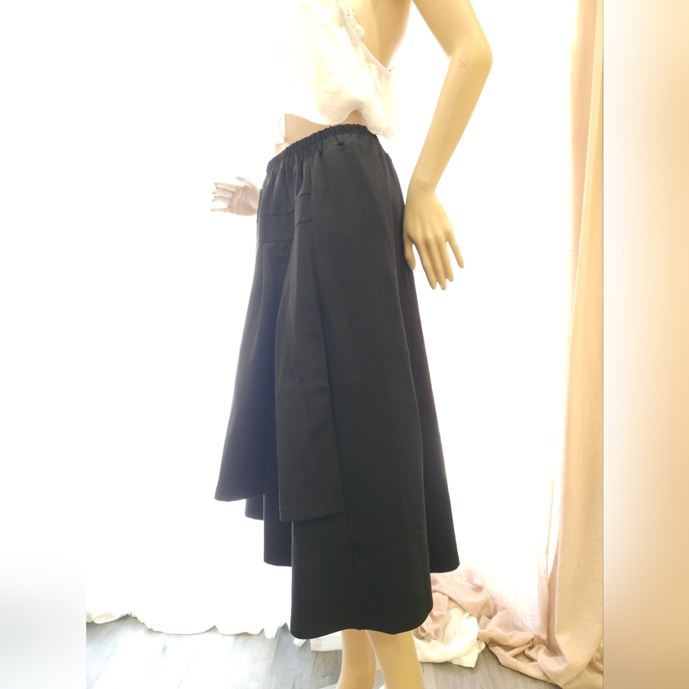 Elegant Black Elastic Waist Asymmetrical Double Layer Ruffled Hem Midi Skirt - Picture 3 of 16